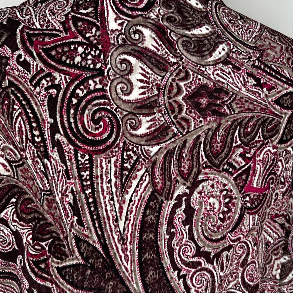 Chicos Easywear Womens Burgundy Tan Paisley Open Front Jersey Cardigan Size 2/ L - Picture 9 of 11
